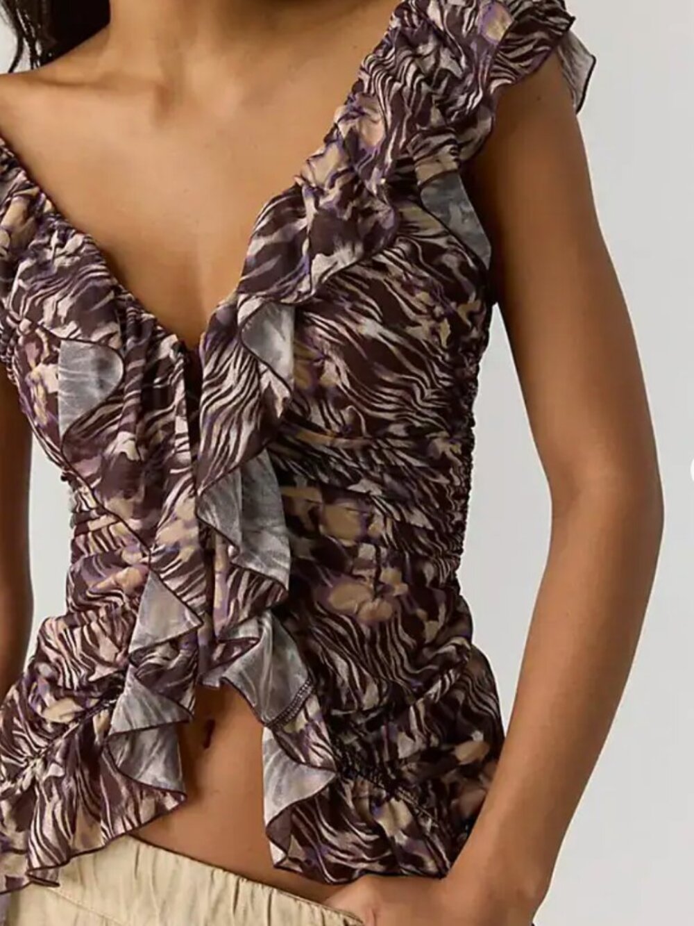 Free People Women's Blythe Printed Ruffled Top In Marble Combo - Size M NWT
